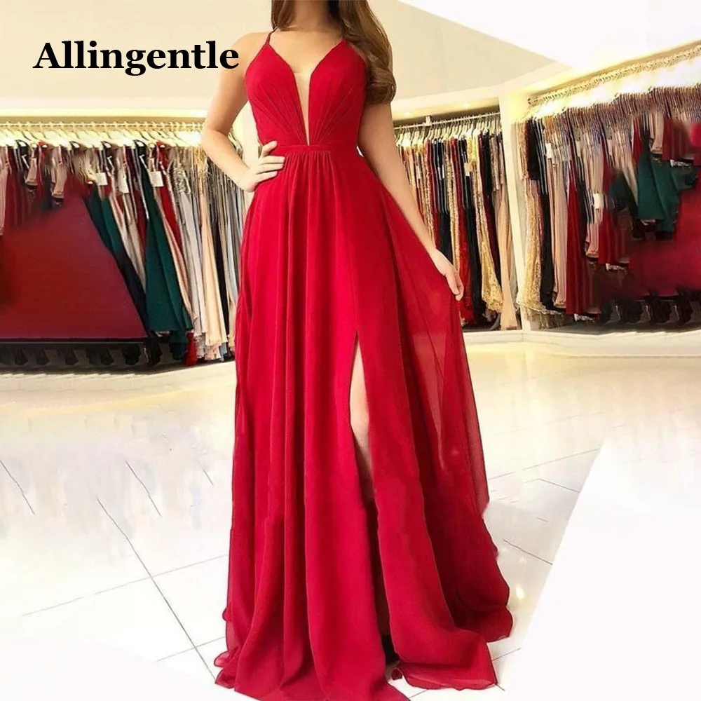 

Allingentle Sexy Chiffon Red Halter Side Slit Long Evening Prom Dresses Backless A-Line Maxi Dress Robe De Soiree Custom Made