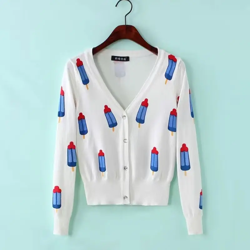 

Spring /Summer Womens Printed V-neck Long-sleeved Cardigan Thin Knitted Coat