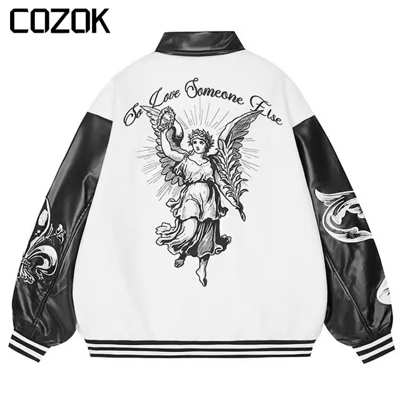 

High Street Retro Letter Angel Embroidery Bomber Jacket Coat Men Women Gothic Baseball Uniform Couple Casual Y2K Loose Outwear