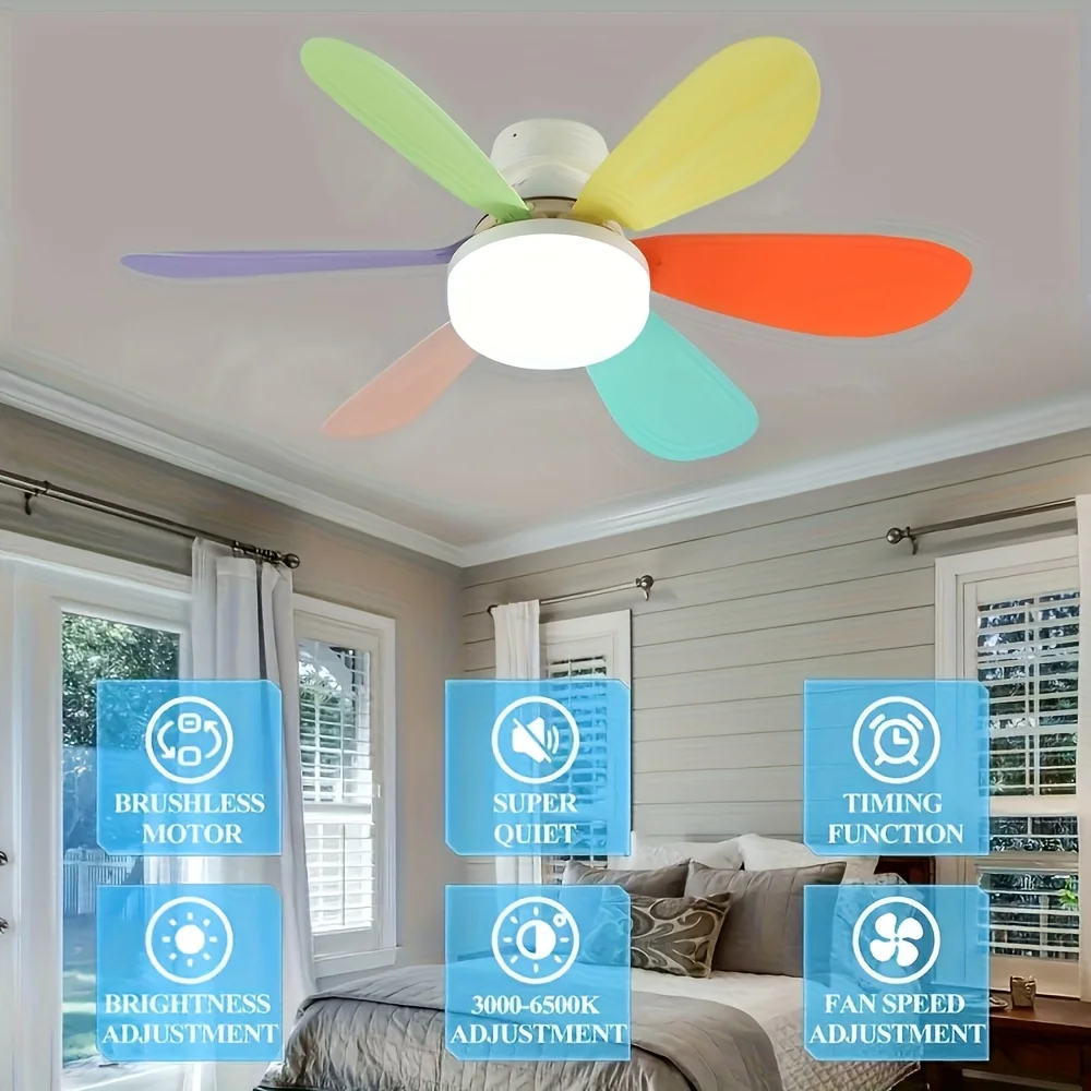 LED smart ceiling fan light With remote control timer 6 fan blades 3 speeds adjustable brightness and color temperature