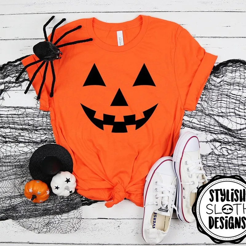 

Funny Pumpkin Face Women T Shirts Orange Halloween T-shirt Causal Streetwear Fall Witch Graphic Tee Women's Clothes Festival Top