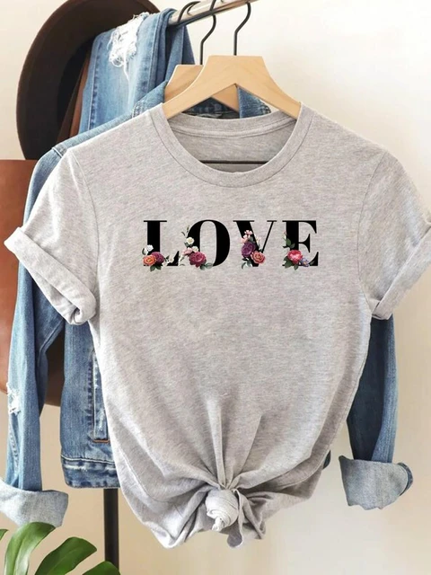 Women Clothing Print Gray T Shirt Short Sleeve Summer Top Fashion Flower  Spring Trend 90s Clothes Basic Tee Graphic T-shirt - T-shirts - AliExpress