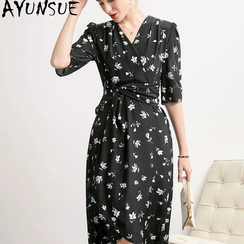 

AYUNSUE 100% черные платья из шелка тутового шелкопряда женские элегантные женские платья Летняя одежда французское Длинное Платье Vestidos De Mujer 2024