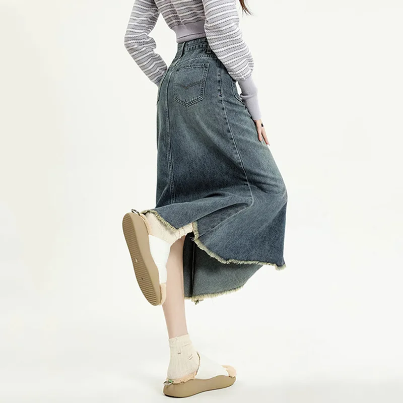 Vintage Fishtail Denim Skirts Women's Summer 2024 New High Waist Raw-Edge Long Jeans Skirt Casual Pockets Tassel  Woman Clothing
