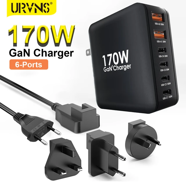 GAN  Cargador de pared de 100W con puertos USB 3.0 y USB-C