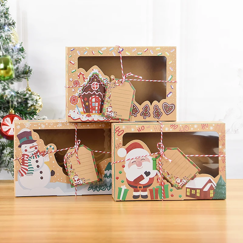 

3pcs Christmas Kraft Paper Window Box With Label Santa Claus Snowman Dessert Biscuit Box Xmas Gift Packaging Box 2024 Navidad