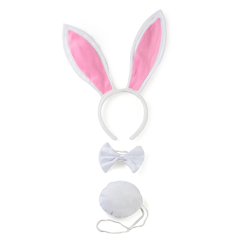 Hasenohren-Kostüm-Set Für Kinder, 4-teilig (Stirnband, Fliege, Schwanz, Handschuhe) – Weiß-rosa, Für 1–10 Jahre