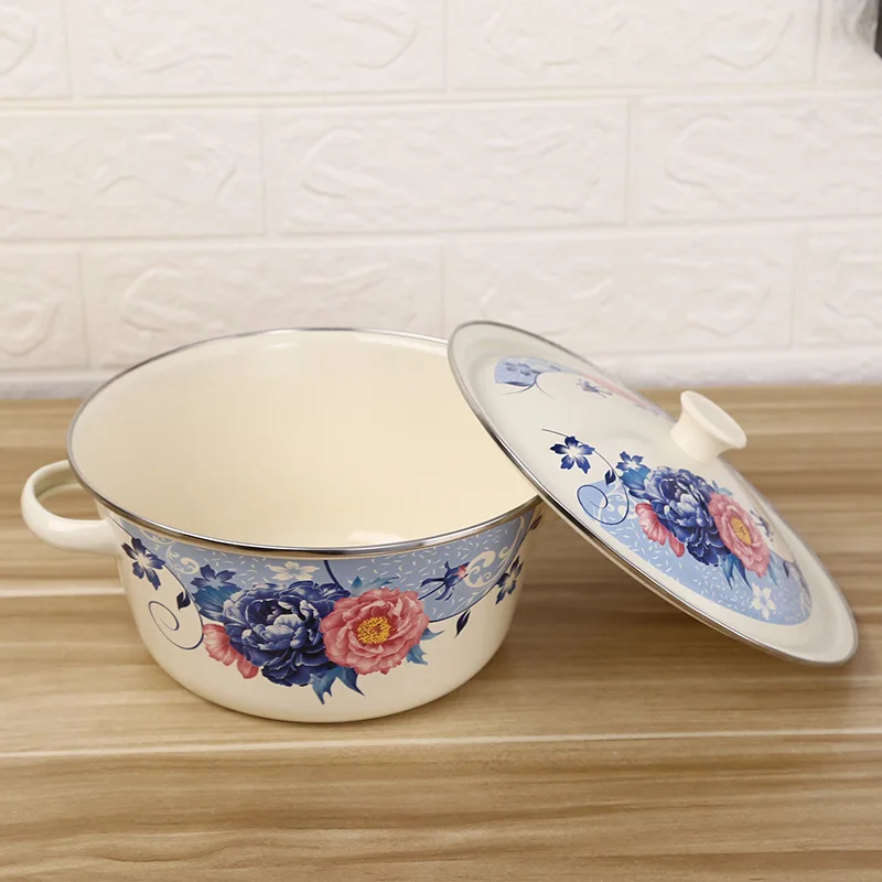 Household Thickened Enamel Soup Pot with Ears and Lid Vintage Bowls Basin Classic Enamel Cake Vegetable Container Tableware enamel tableware