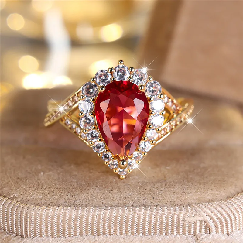 Luxury Female Red Water Drop Zircon Stone Engagement Ring Trendy Gold Color Bride Wedding Jewelry Gift For Women