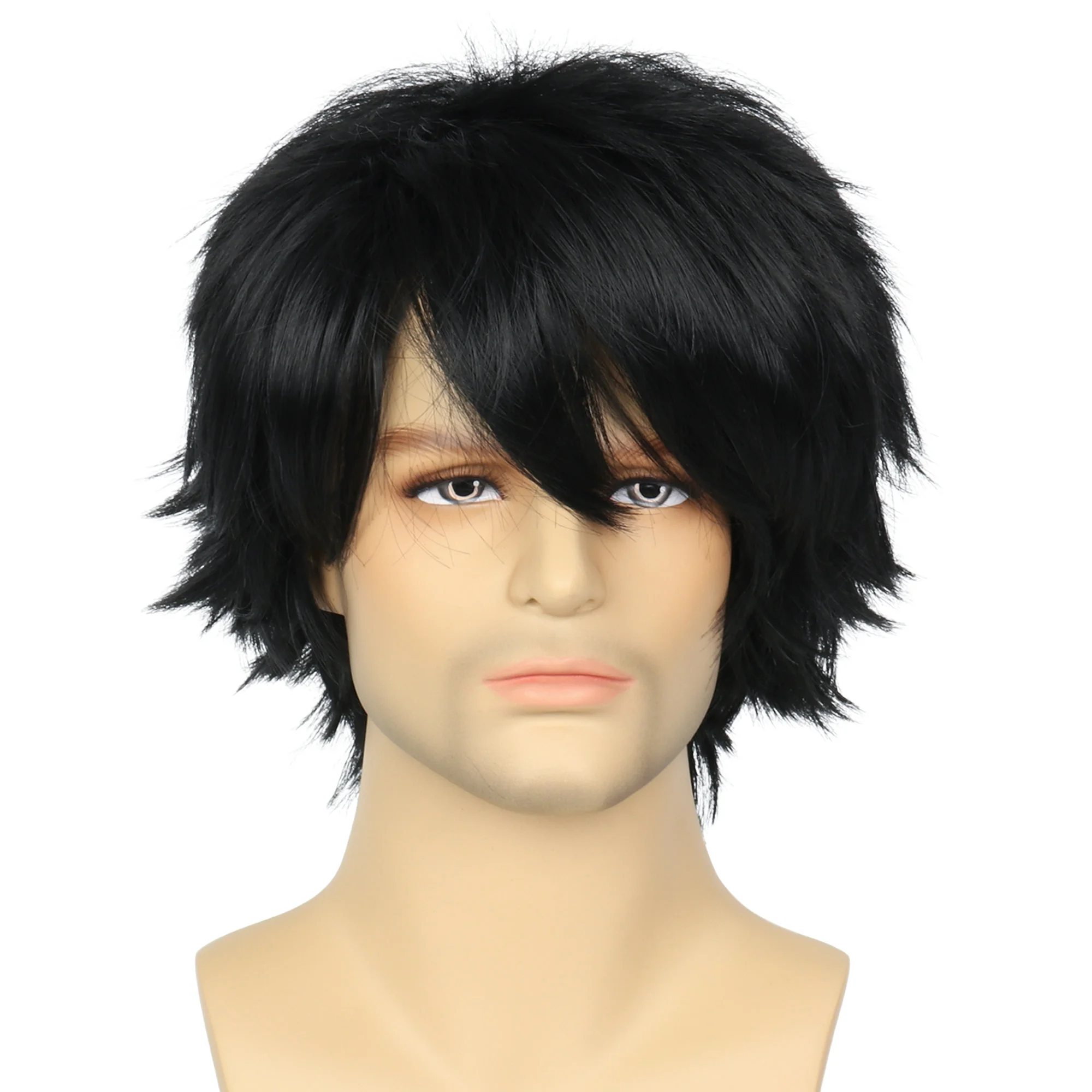 

Mens Short Black Male Wig Black Emo Cosplay Wig Layered Anime Halloween Cosplay Wig