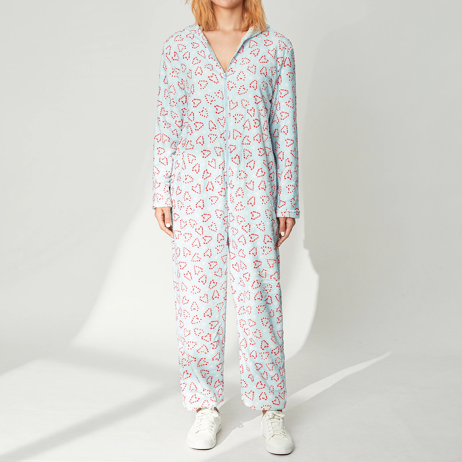 Women Pajama Floral Print Long Sleeve Hooded Jumpsuit Winter Warm Flannel Nightwear Home Wear Clothes with Zipper S/M/L/XL