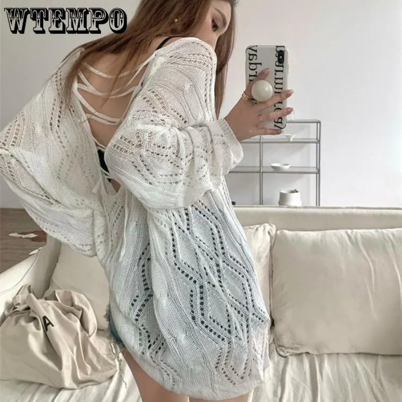 

Y2K Tops Knitted Hollow Out Sweater Solid Retro Harajuku Cute Prepply Jumpers Women Full Sleeve Lace Up Grunge Clothes Spring