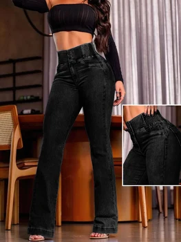 2025 Fashion Straight High Waist Jeans Women Elastic Skinny Denim Pants Y2K Trousers Shaping Butt Lift Slim-fit Jeans Black 1