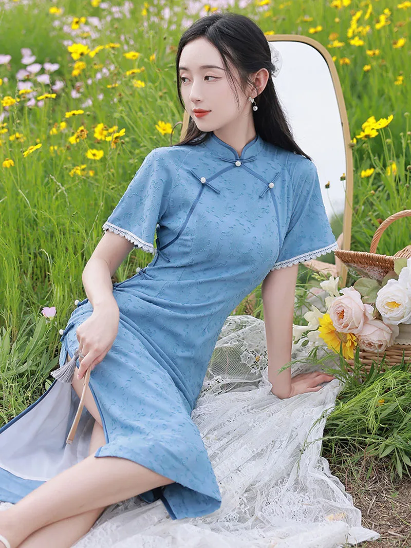 

Женское кружевное платье-Ципао, синее элегантное винтажное платье с коротким рукавом, облегающий костюм, размеры от S до XXL, на лето