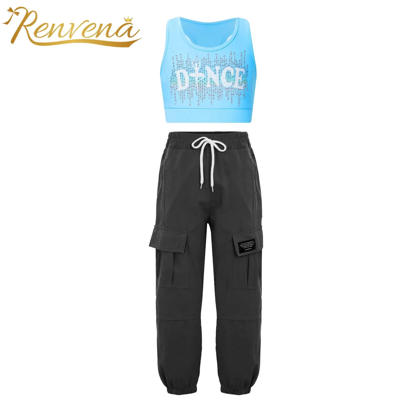 

Kids Girls Sports Suits Ballet Gymnastics Outfit Sleeveless Racerback Crop Top with Elastic Waistband Drawstring Cargo Pants Set