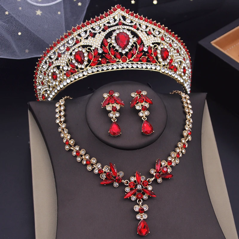

Red Tiaras Bride Jewelry Sets for Women Wedding Crown Set Prom Crown Bridal Necklace Earring Costume Accessory