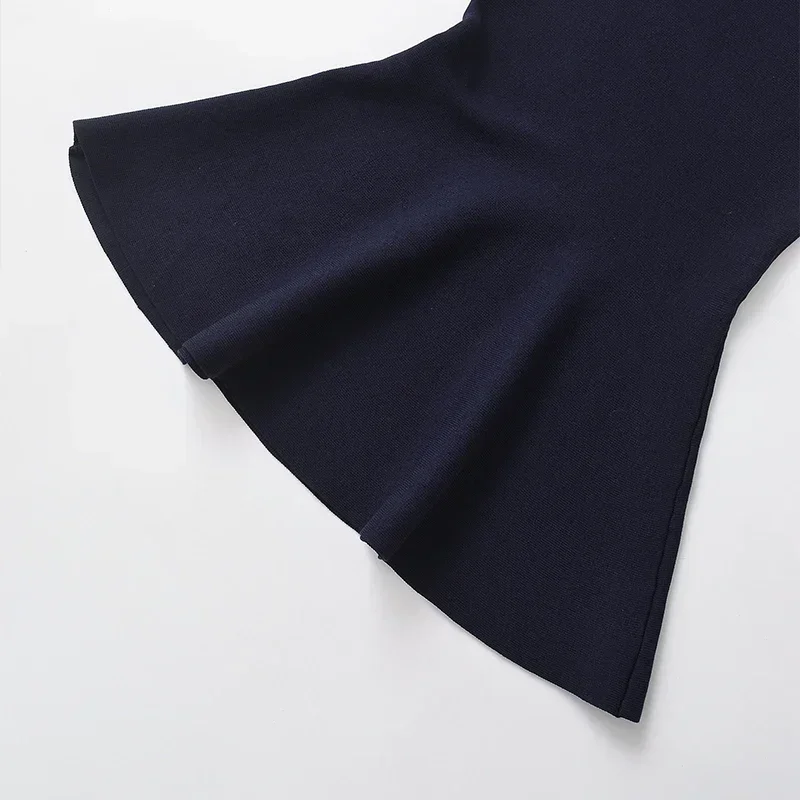 Conjunto elegante de dos piezas de pantalón de punto con cuello redondo, sin mangas, con volantes en los bajos, cintura alta, elástico, para dama, nuevo en trajes a juego.
