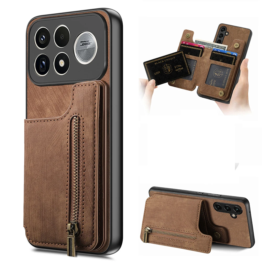 Leather Zipper Magnetic Wallet Case with Card Holder