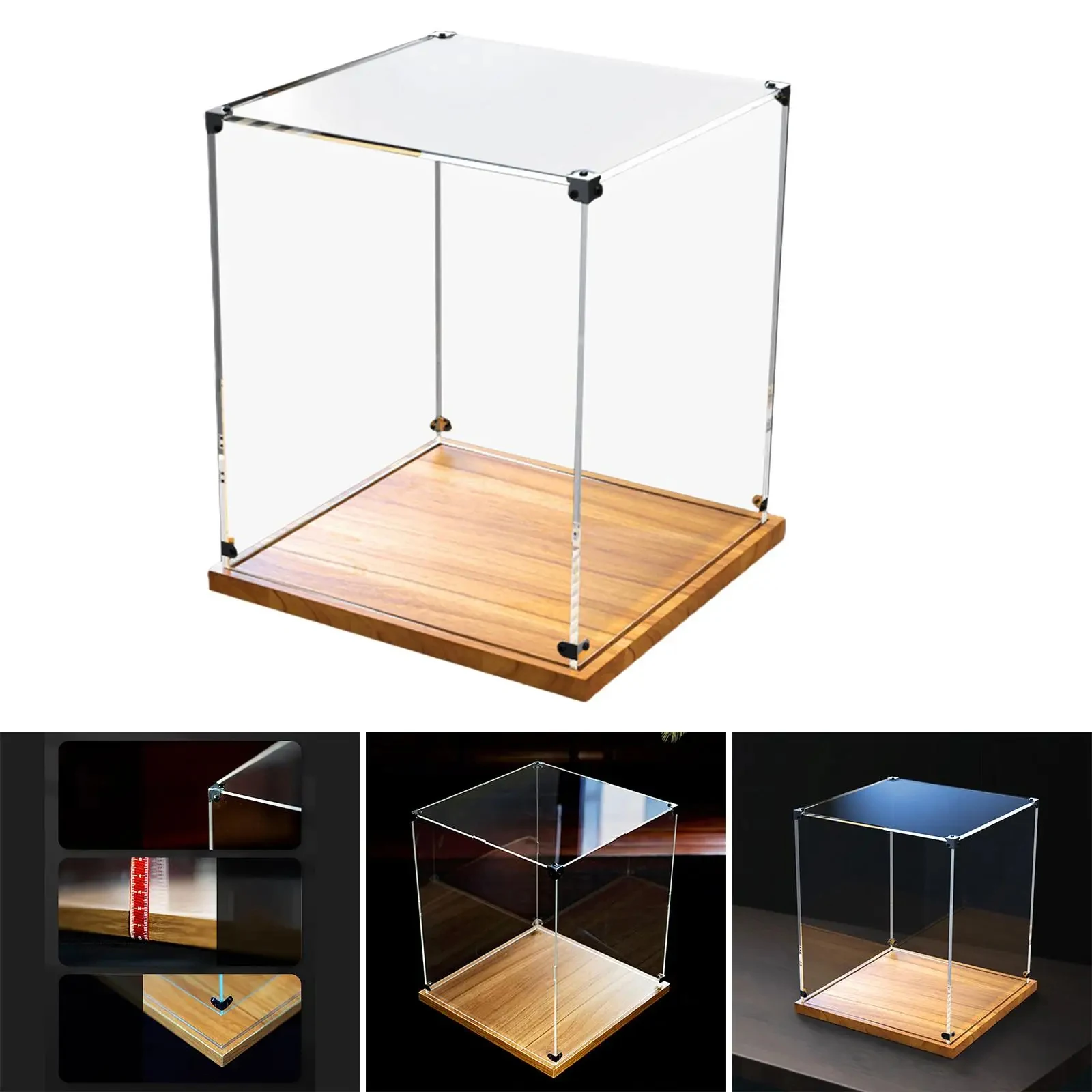 De vitrine op witte achtergrond met detailopnamen van de hoekverbinding en de rand van de houten bodem