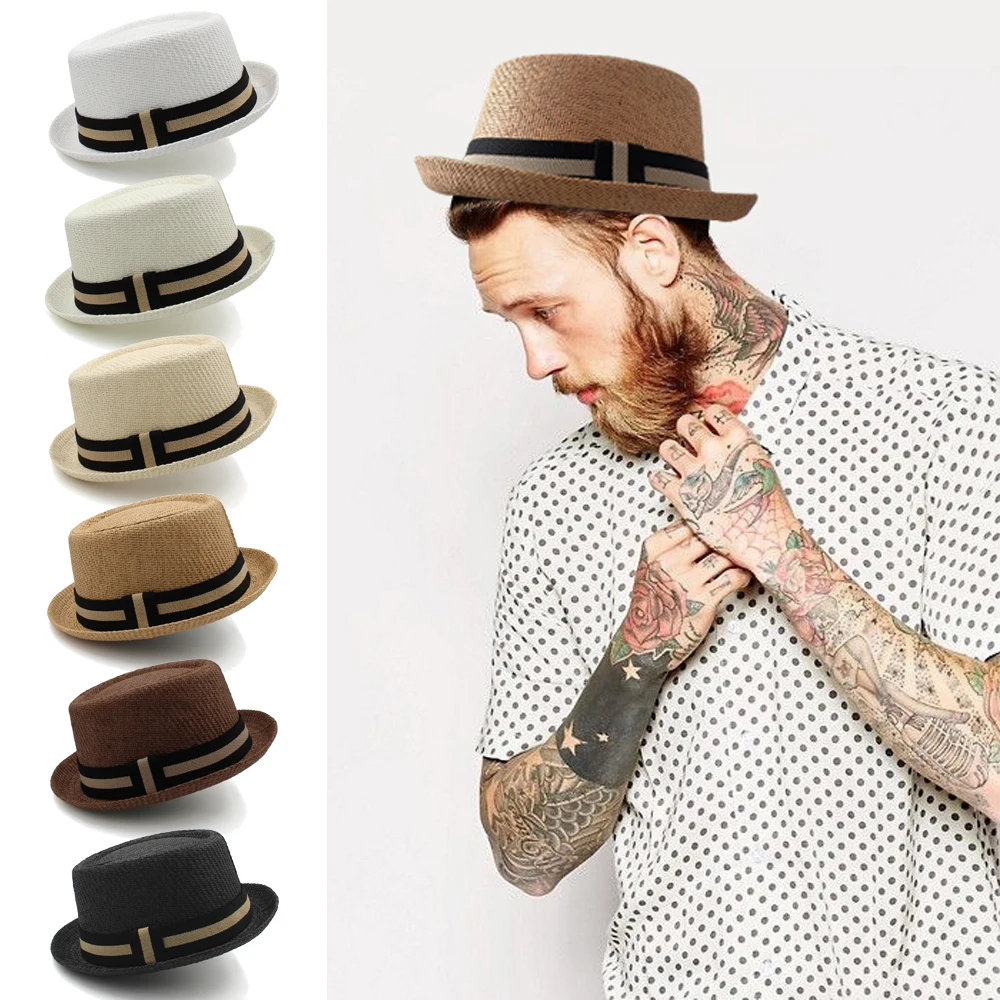 Men Women Classical Straw Pork Pie Hats Fedora Sunhats Trilby Caps Summer Boater Street Outdoor Travel Party Size US 7 1/4 UK L 1