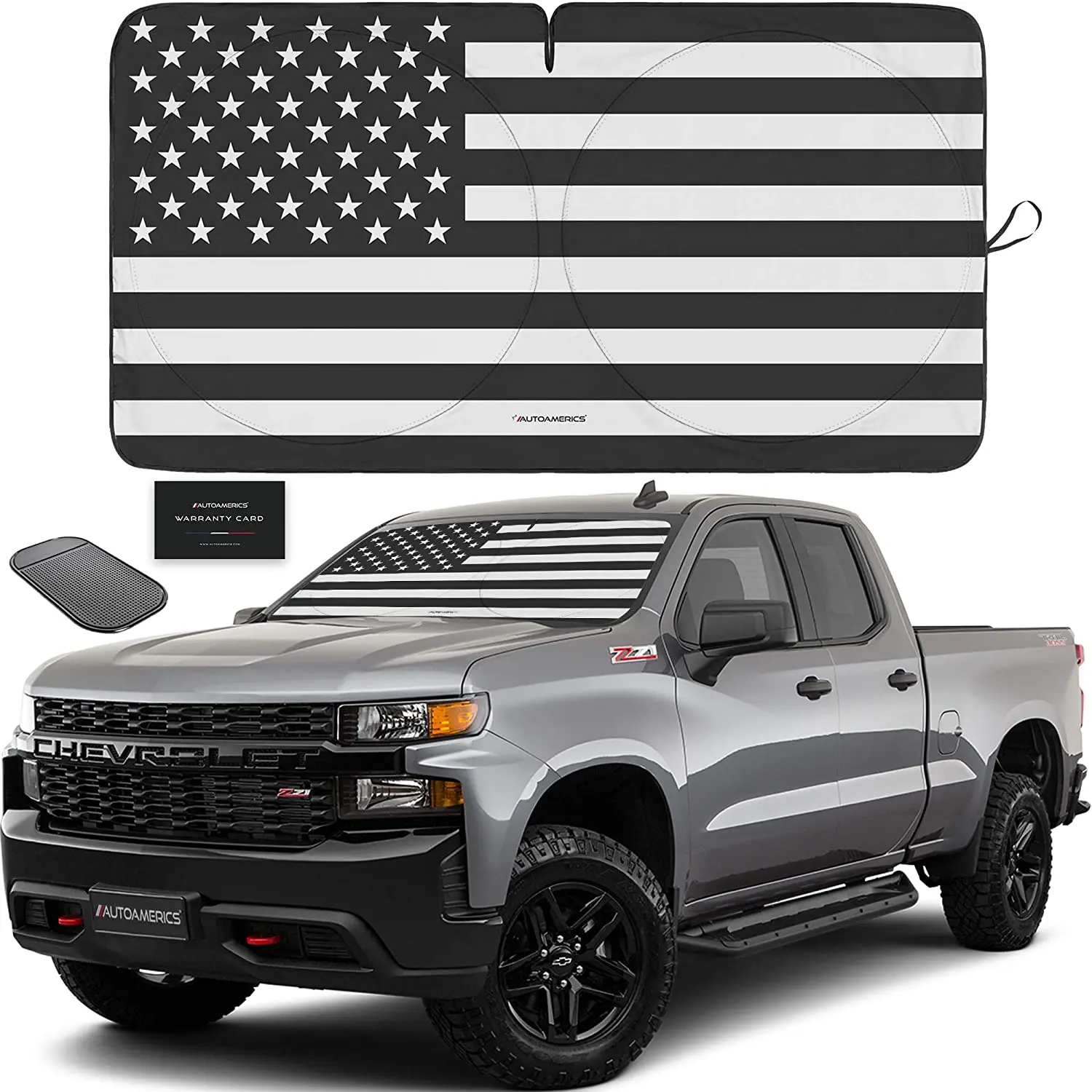 

Autoamerics 1-Piece Windshield Sun Shade B&W American Flag USA Patriotic Design - Foldable Car Front Window Sunshade for Most