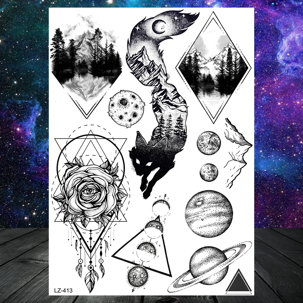 Realistic Fake Black Animal Temporary Tattoos Sticker For Men Women Geometric Wolf Outer Space Tatoo Temporary Decal For Kids