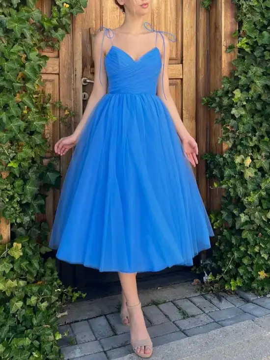 

Blue Prom Dresses Tulle pleats A Line Spaghetti Strap Tea Length Formal Party Evening Gowns Simple Homecoming Graduation Gowns