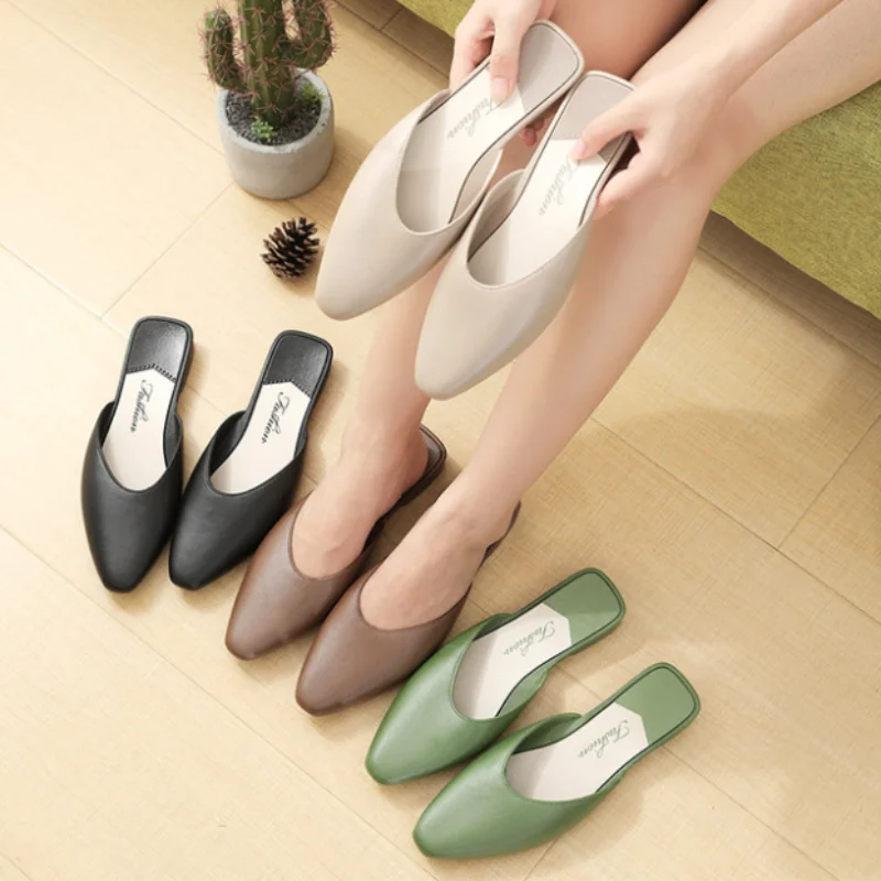 

Summer Mules Elegant Soft Leather Ladies Closed Toe Non-Slip Comfortable Flat-bottomed Low-heeled Sandals and Slippers