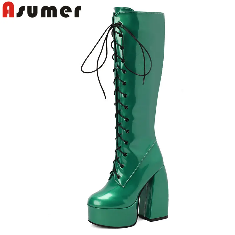 

ASUMER 2024 Size 34-48 New Patent Leather Winter Boots Cool Zipper Thin High Heels Platform Shoes Narrow Band Knee High Boots