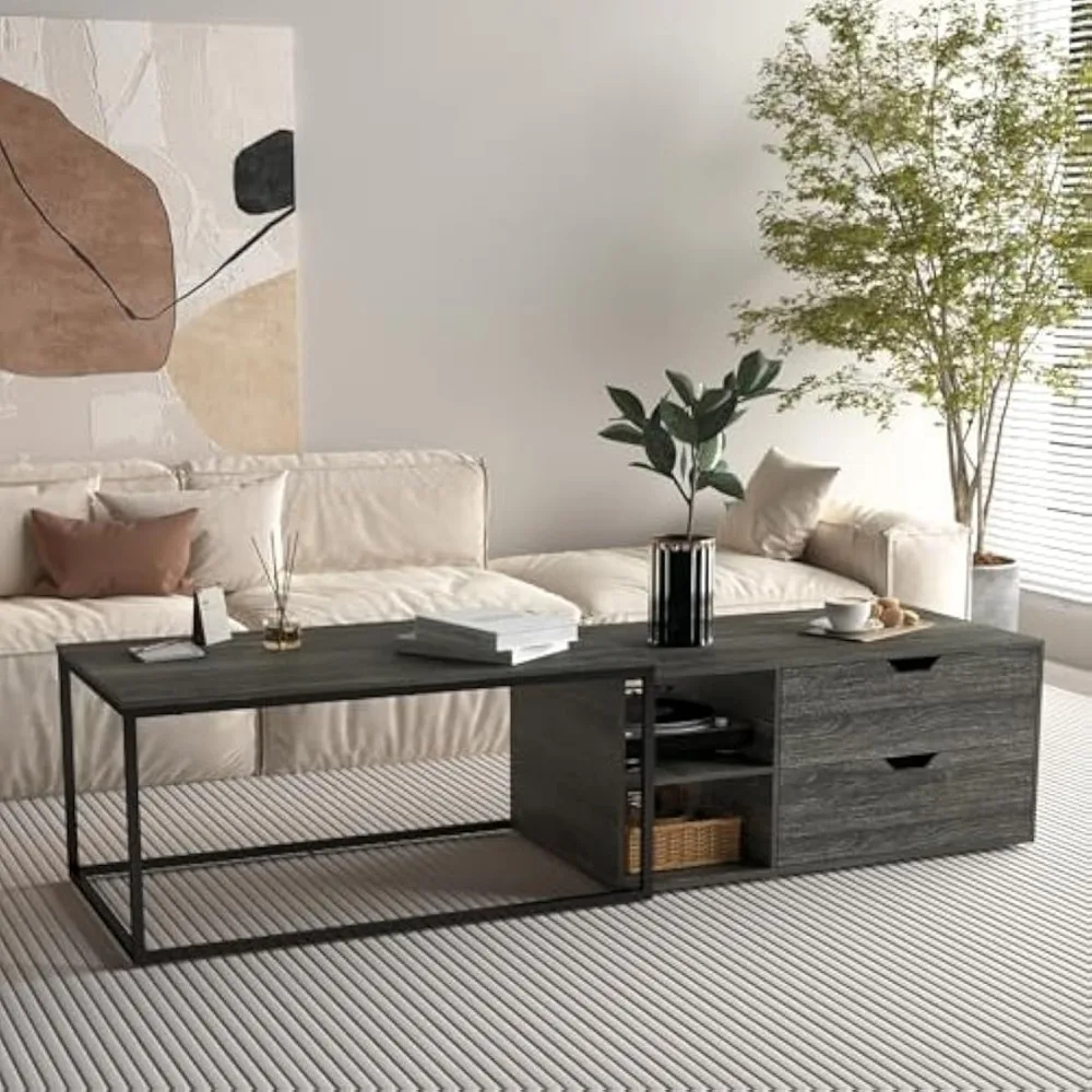 Set of 2 nested coffee tables, modern central coffee table, drawer and storage rack, living room bedroom side table 4