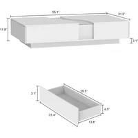 Modern Coffee Table with Lights & Glass Tabletop with 2 Drawers, Central Table with Storage, White, Living Room Coffee Table 2