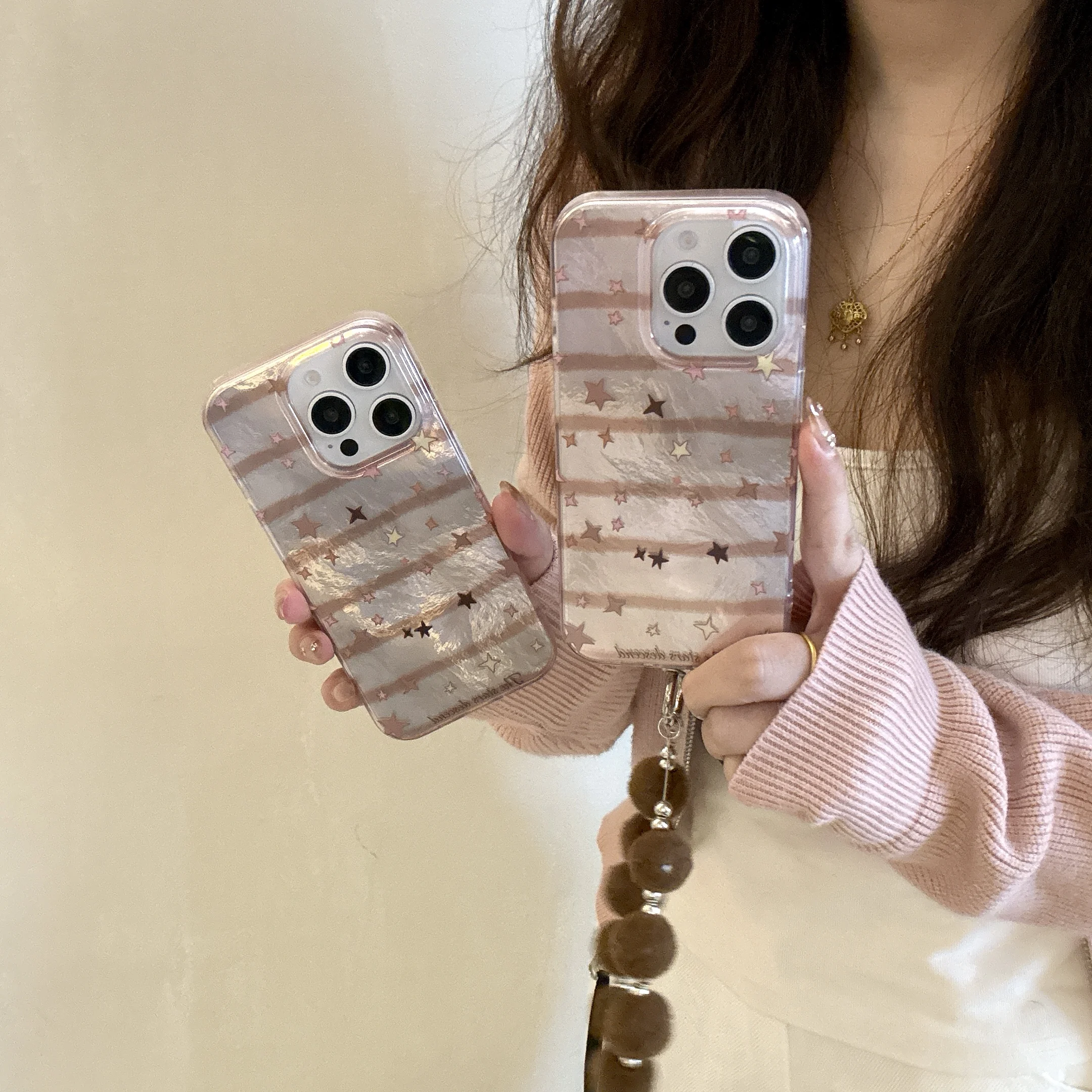 Korea Simple Striped Colourful Stars Lanyard Phone Case for iPhone 16 15 14 13 Pro Max Back Cover Funda