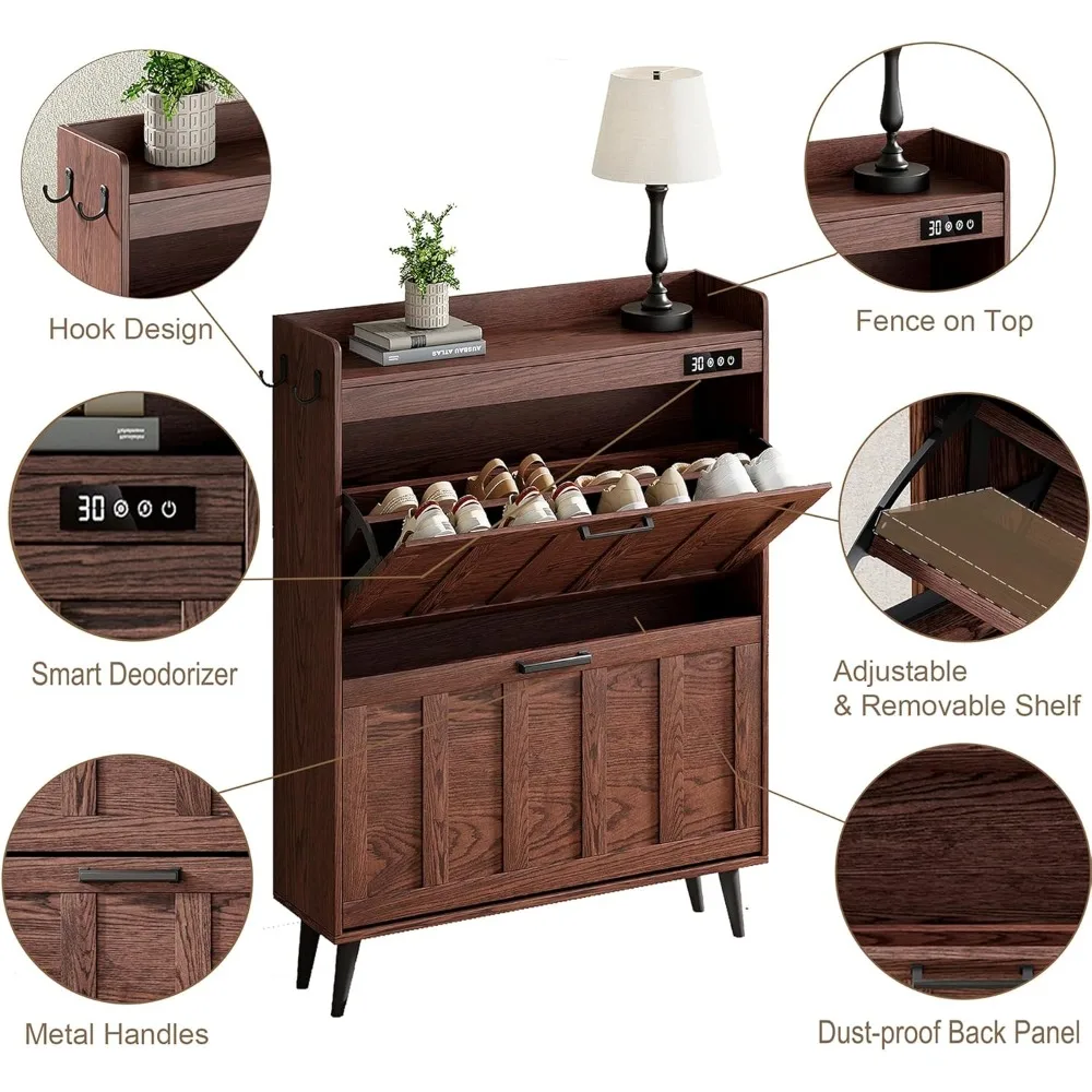 Slim Shoe Storage Cabinet with Deodorizer, 2 Flip Drawers for Entryway, Freestanding Hidden Shoe Rack in Walnut