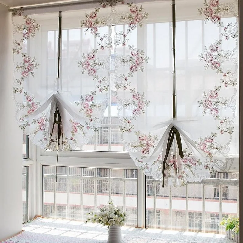 Sheer Curtains Window Curtains Decor Curtains Junwell Polyester Organza Embroidery Ribbon Roman Floral Kitchen Living Room Balcony