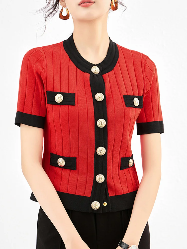 

Женский трикотажный свитер на пуговицах, элегантный однобортный вязаный свитер красного цвета с коротким рукавом, лето 2023