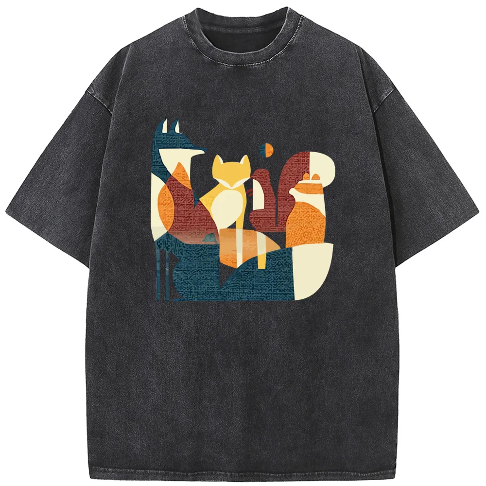 

Men's Retro Geometric Combination Fox Short-Sleeved Shirt Hot Sale Student Top T-shirts Vintage Colored Mens T-shirts