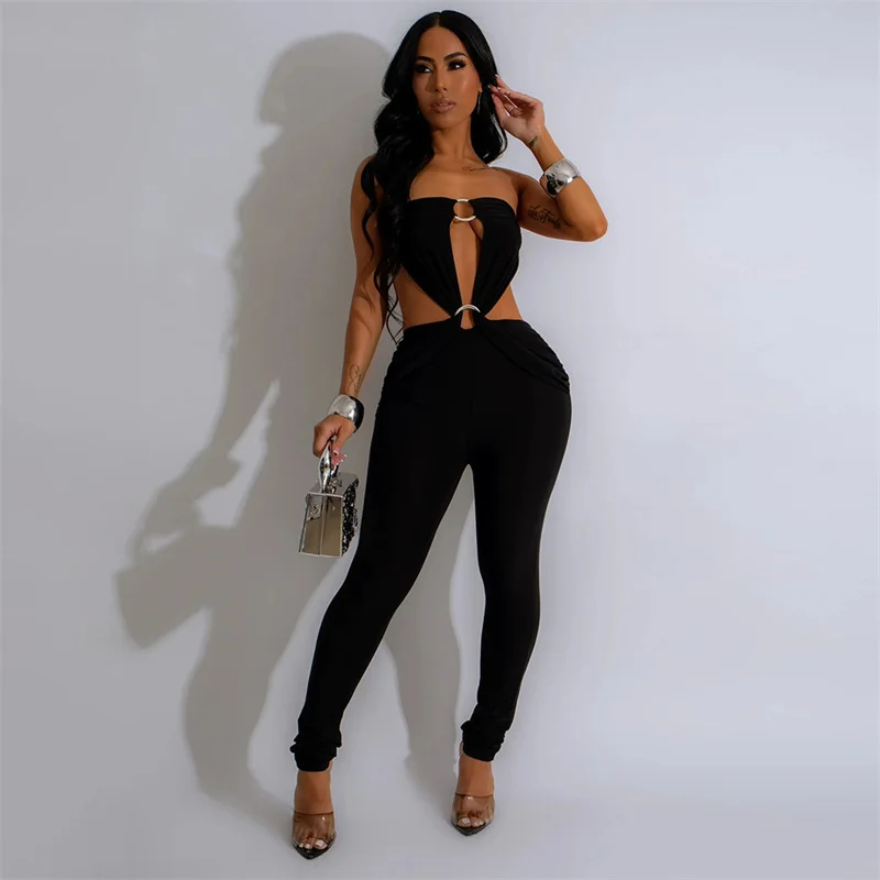 

New Skinny Backless Strapless Women Sexy Long Jumpsuits Summer 2024 Black Cut Out Lace Up Slim Night Club Jumpsuit Party Rompers