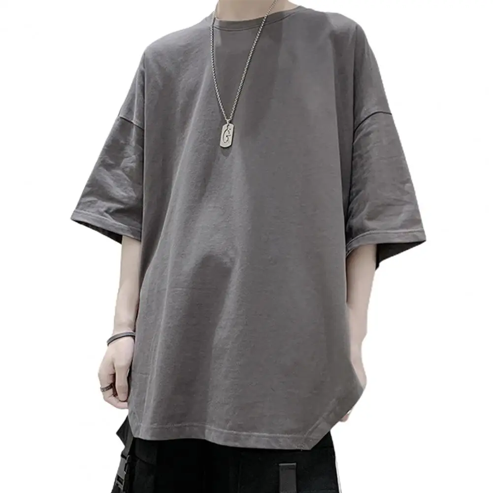 Summer Oversized T-shirt Solid Round Neck Loose Side Split T