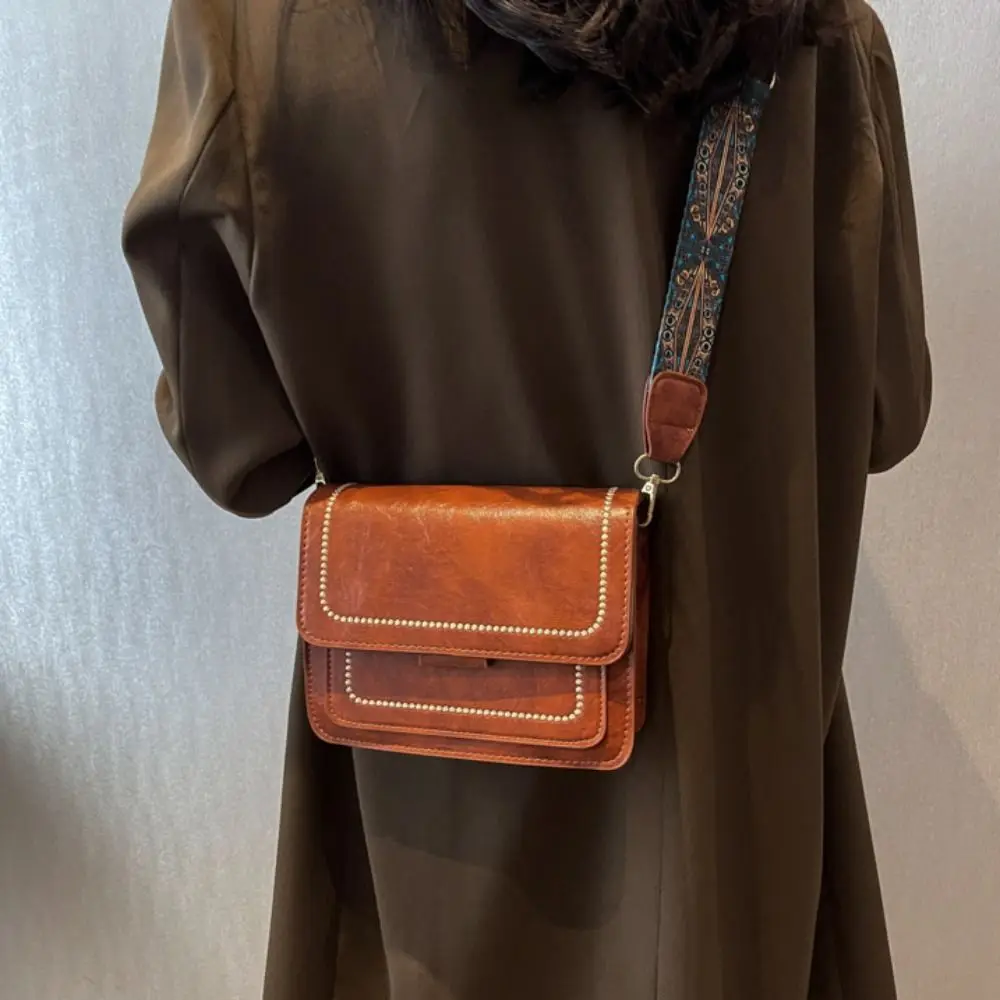 

Small Shoulder Bag New PU Leather Wide Shoulder Straps Messenger Bag Solid Color Square Bag Ladies