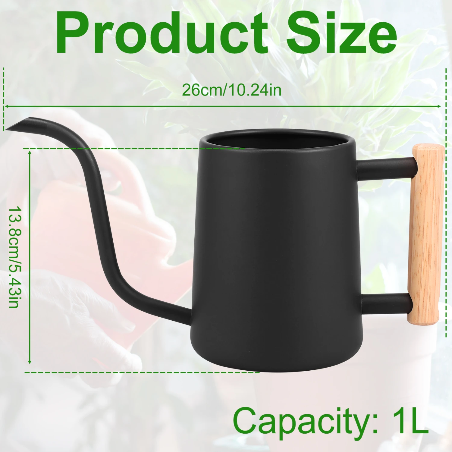 Elegant and stylish stainless steel 1L watering can with long spout and ergonomic wooden handle, perfect for precise watering of