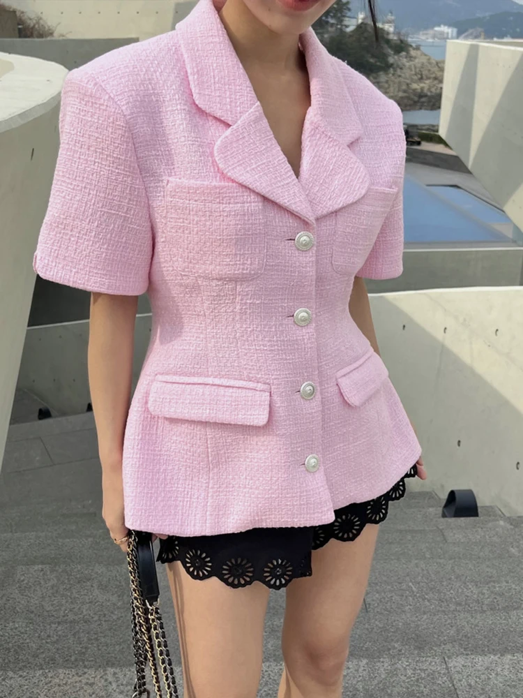 

Small Fragrant Women Pink Tweed Jacket Coat 2024 Korean Vintage Fashion Notched Short Sleeve Office OL Lady Slim Elegant Outwear