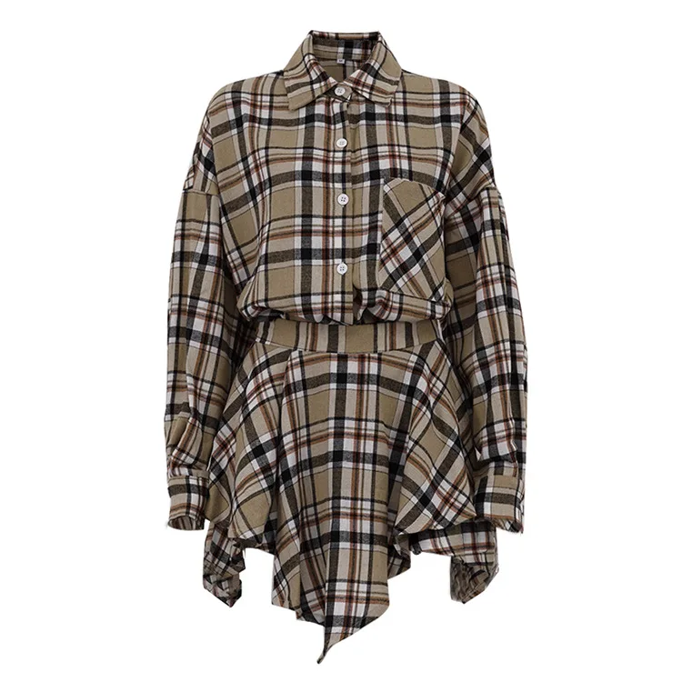 Vintage Contrast 2 Piece-Set Skirt For Women Long Sleeve Slim Patchwork Coat And High Waist Skirt Outfits Ladies Clothes