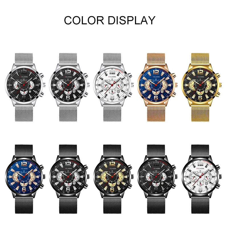 Men's Fashion Business Calendar Watches Luxury Stainless Steel Mesh Belt Analog Quartz Watch Business Luminous Wristwatch Clock