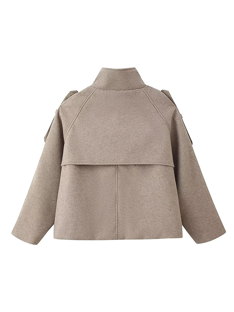 New Women High Neck Woolen Coat Double Breasted Loose 2025 Autumn Short Elegant Fashion Jacket Casual Lady Street Outerwear