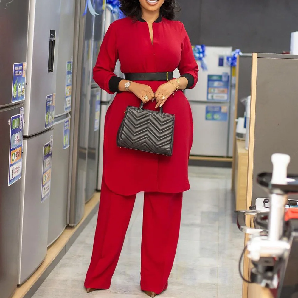 

2 Pieces Pants Sets for Office Ladies Fashion Solid Blouse & Long Trousers Elegant Business Work Wear Office Cloth Matching Sets