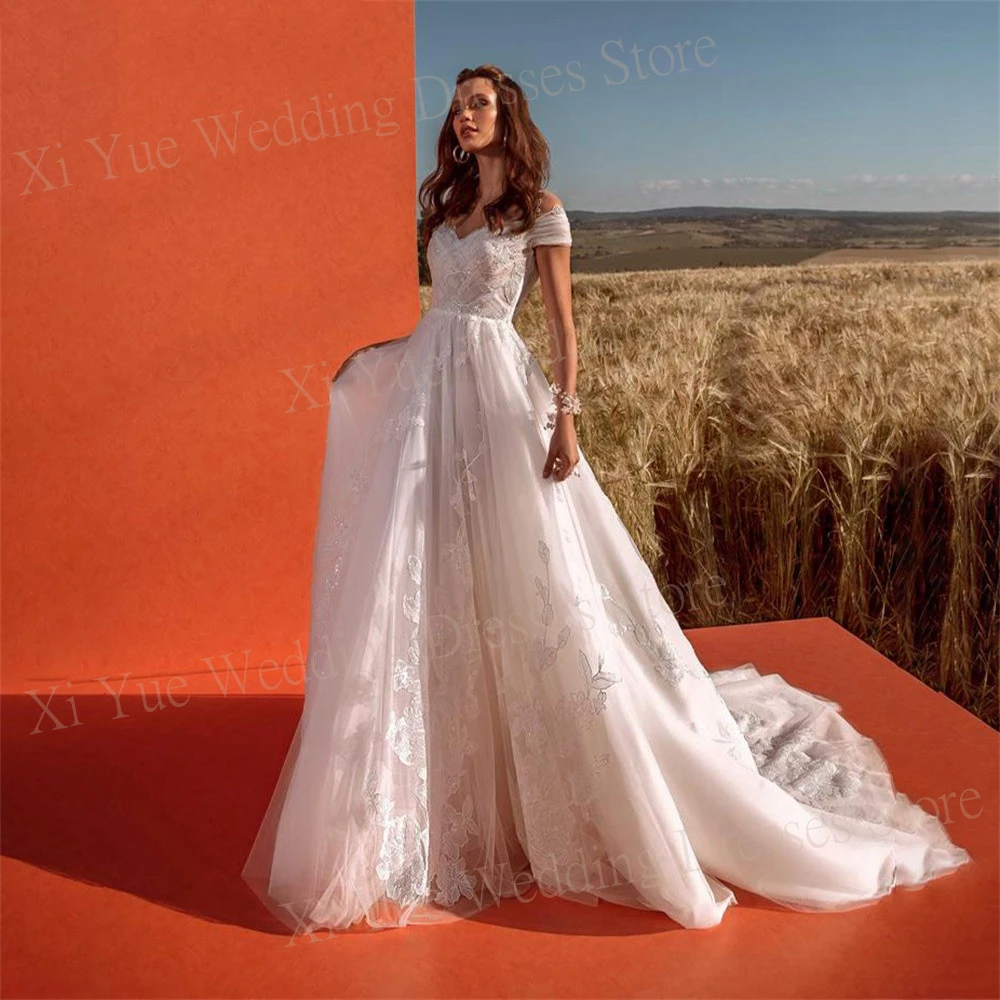 

Изысканные свадебные платья а-силуэта с V-образным вырезом, кружевные платья невесты с аппликацией и открытыми плечами, современное свадебное платье без рукавов с открытой спиной