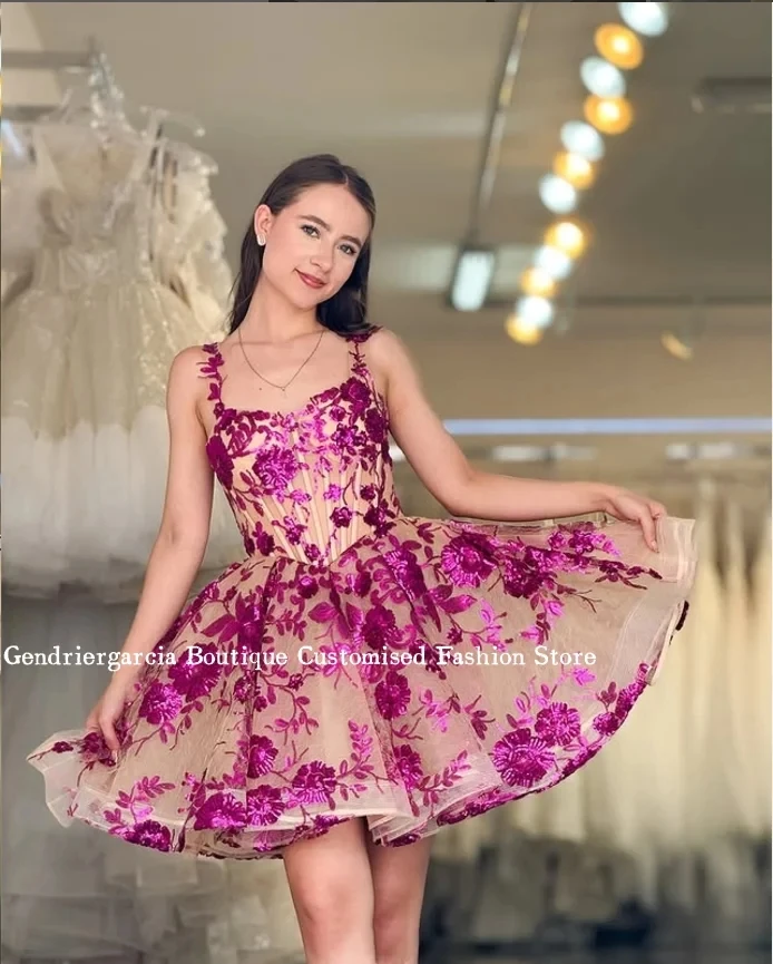 Elegant Rose Mini Short Cocktail Dress Customised Sparkling Floral Appliques Halter Tulle Poncho Birthday Party Prom Dress