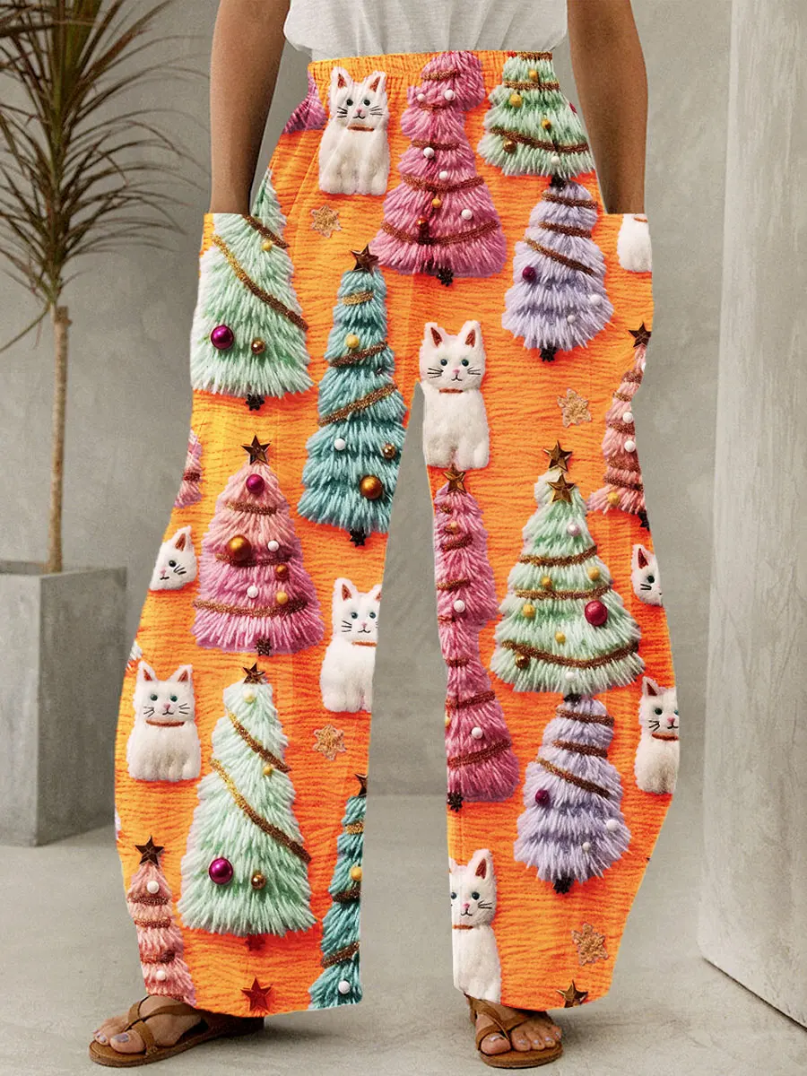 Spring Christmas Tree Print Pants Summer Casual Pocket Trousers Women Harajuku Y2K Trousers Loose Wide Leg Pants Chic Pantalon