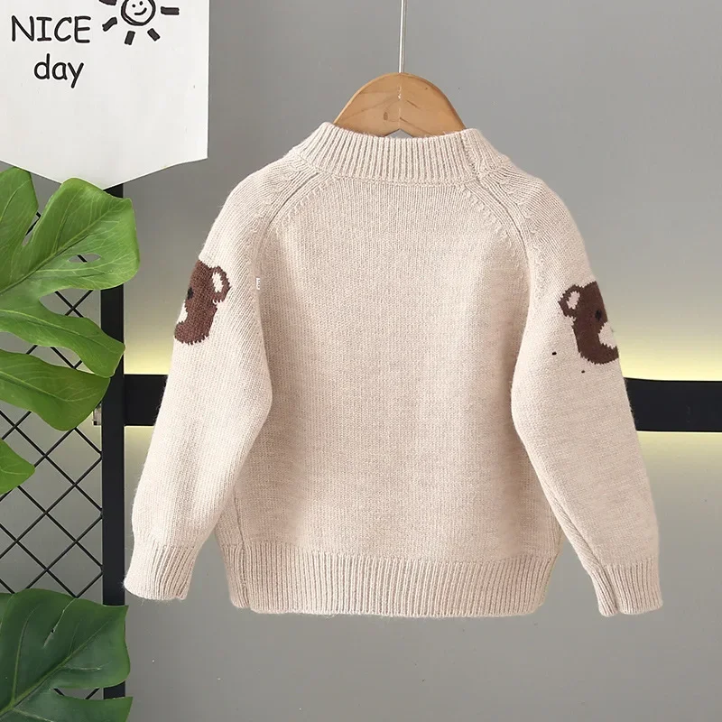 소년용 곰 패턴 스웨터 한국 스타일 두꺼운 2025 겨울 플리스 안감 니트 풀오버 따뜻한 아동복 2-8세용