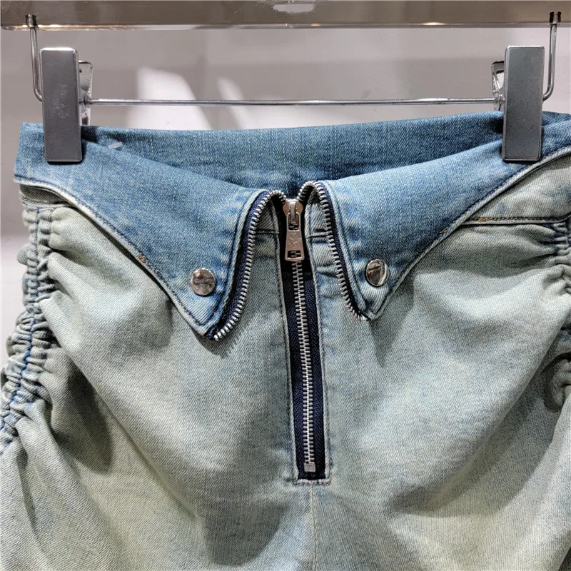 Chic Flanging Drawstring Jean Shorts Female Casual 2024 Summer New Streetwear Ins Women's High Waist Zipper Stretch Hot Pants